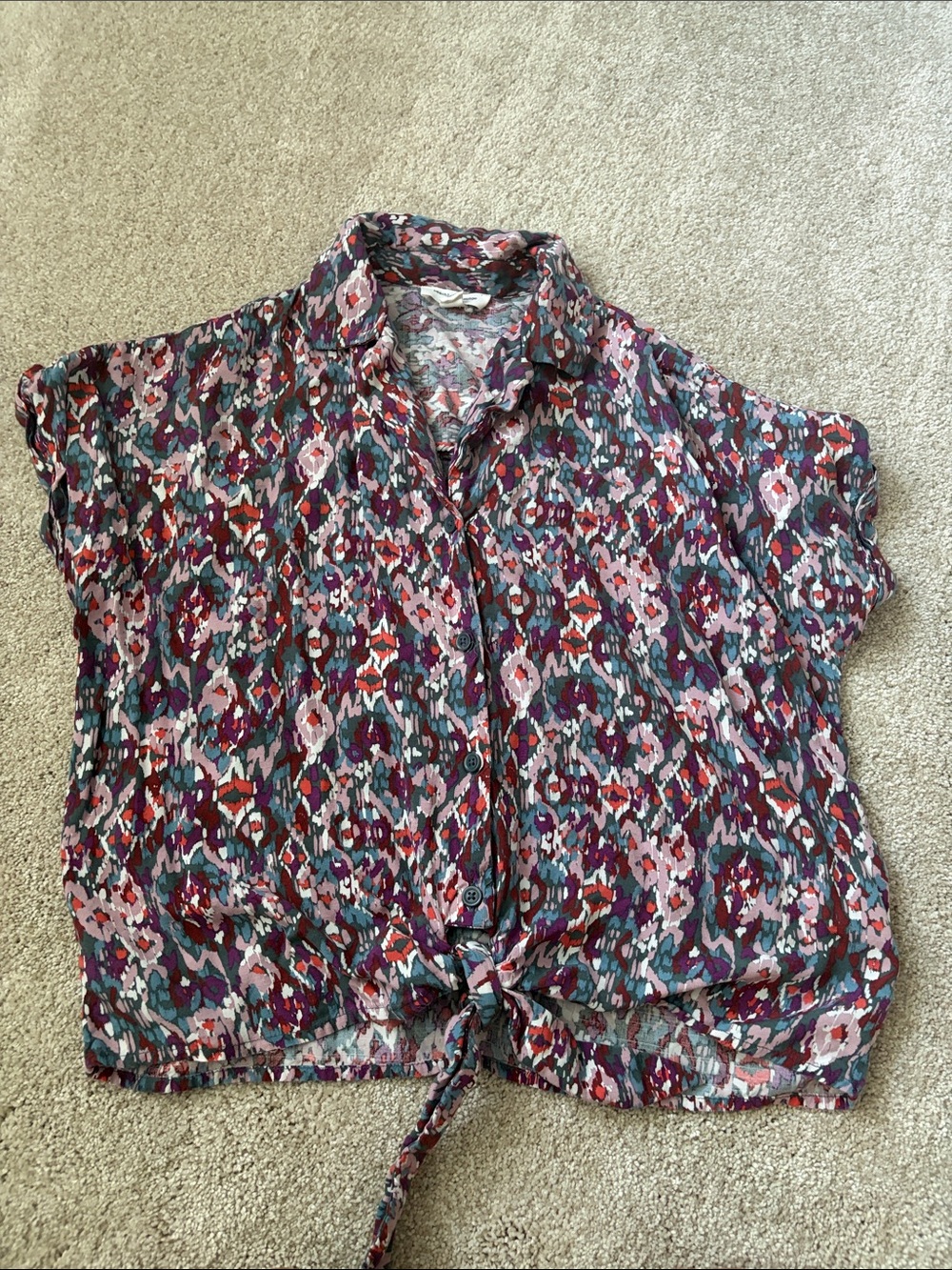 beachlunchlounge Multicolor Short-Sleeve Button Tie-Hem Blouse
